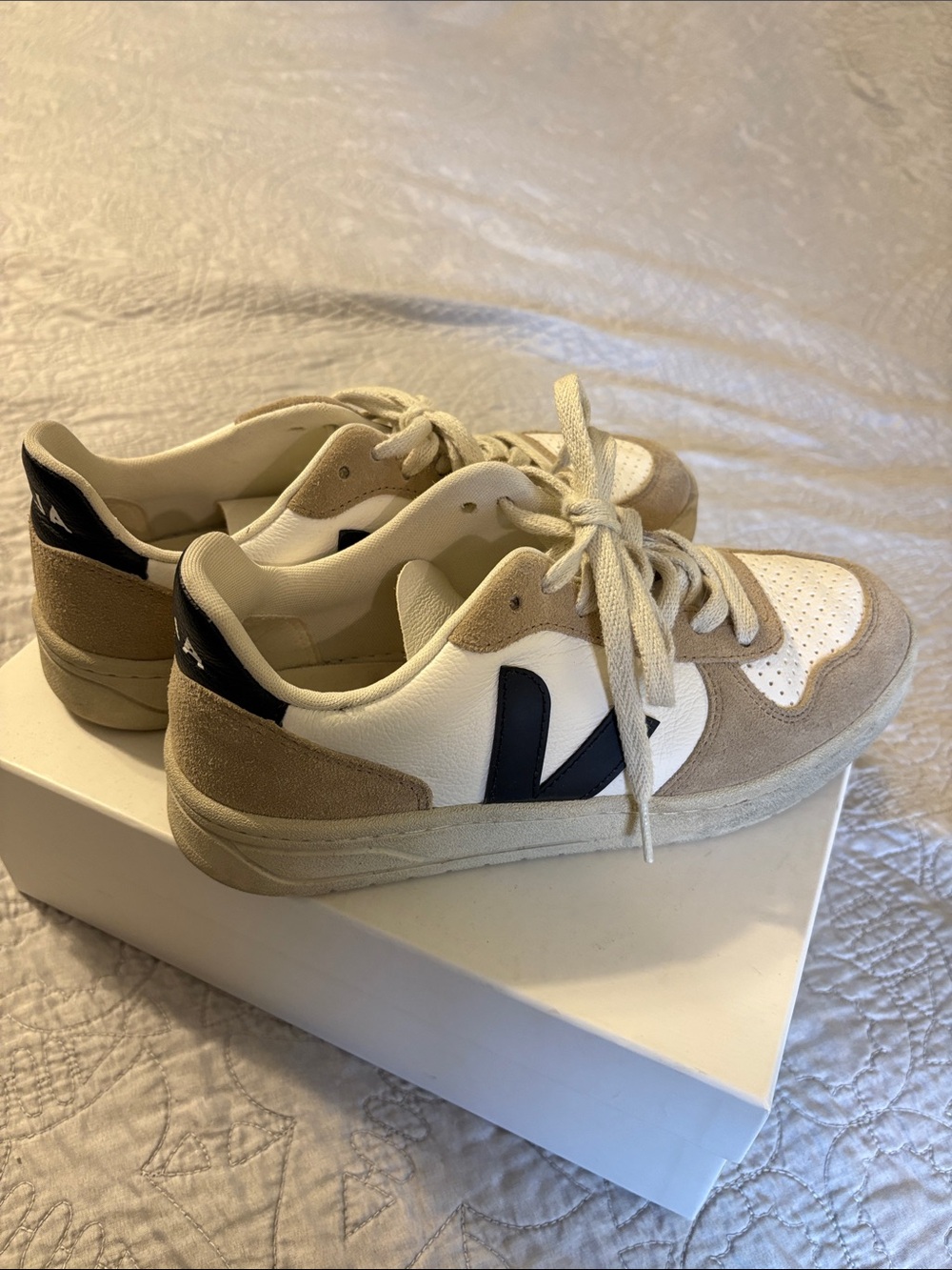 Veja Low-Top Sneakers in White, Tan and Black